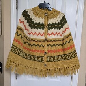 Vintage Handmade Knit Cape Poncho w/ Fringe – Button Front – Multicolor